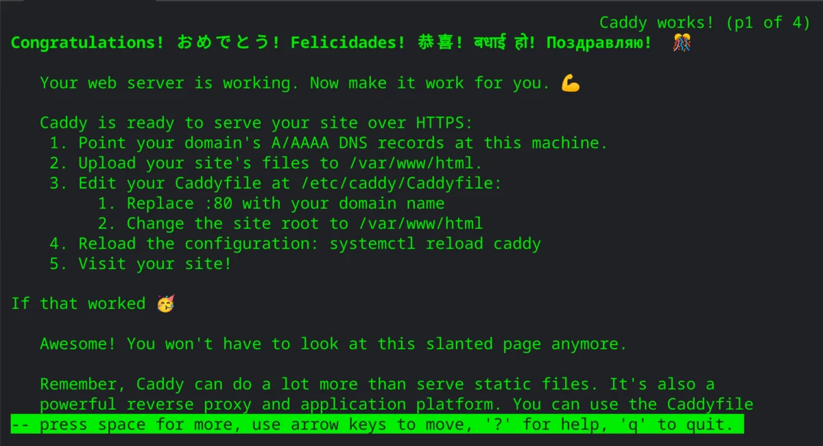 Lynxブラウザに表示されるCaddyのデフォルトWebページ Caddy Default Web Page shown in Lynx browser
