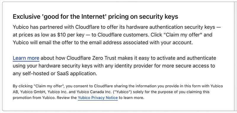 Cloudflare Yubikeyオファー