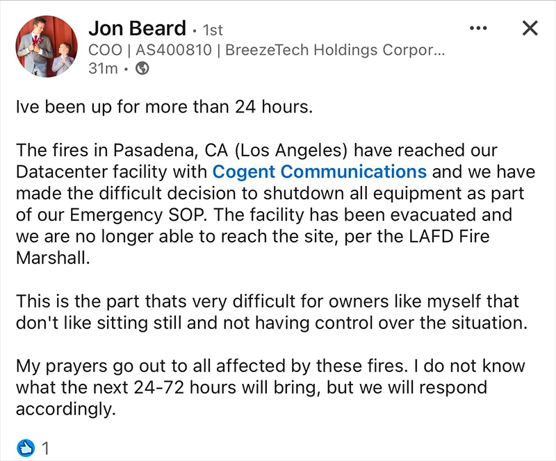 南カリフォルニアの火災が制御不能に：コージェントがデータセンターを閉鎖