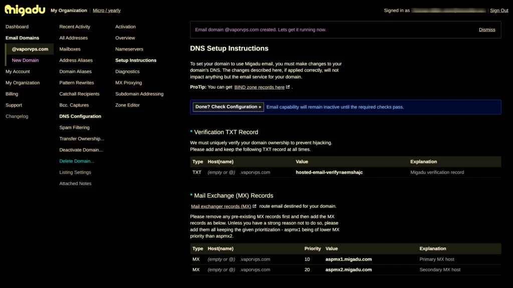 Migadu DNS設定ページ