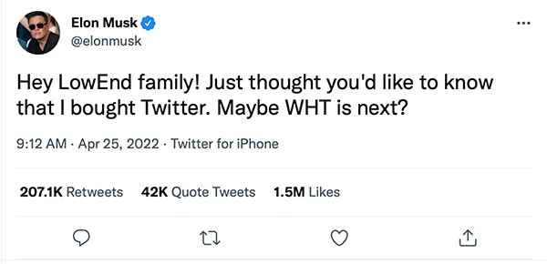 イーロン・マスクがTwitterを買収。次はWebHostingTalkか？